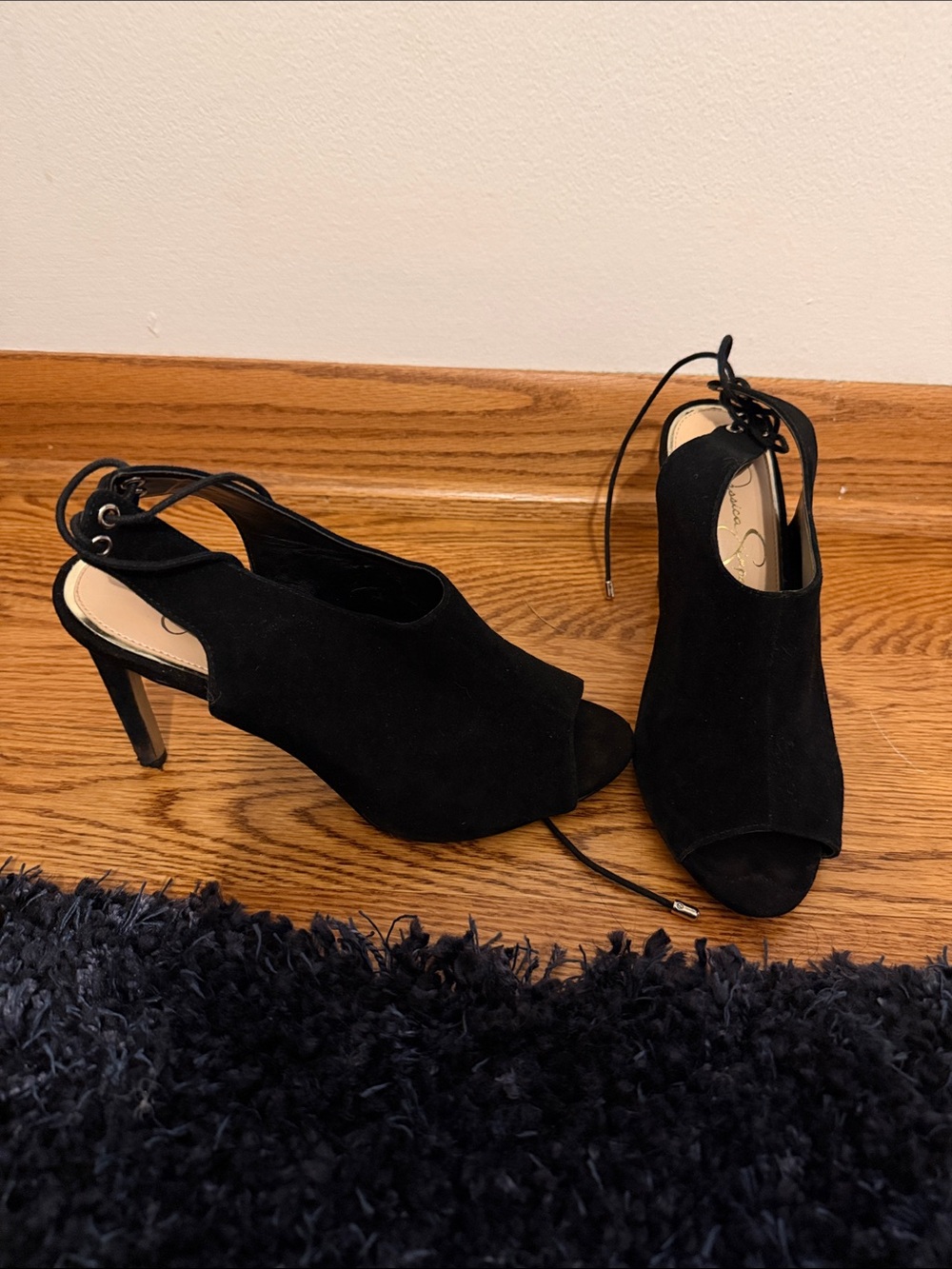 Jessica Simpson Black Suede Peep-Toe Lace-Up Heels